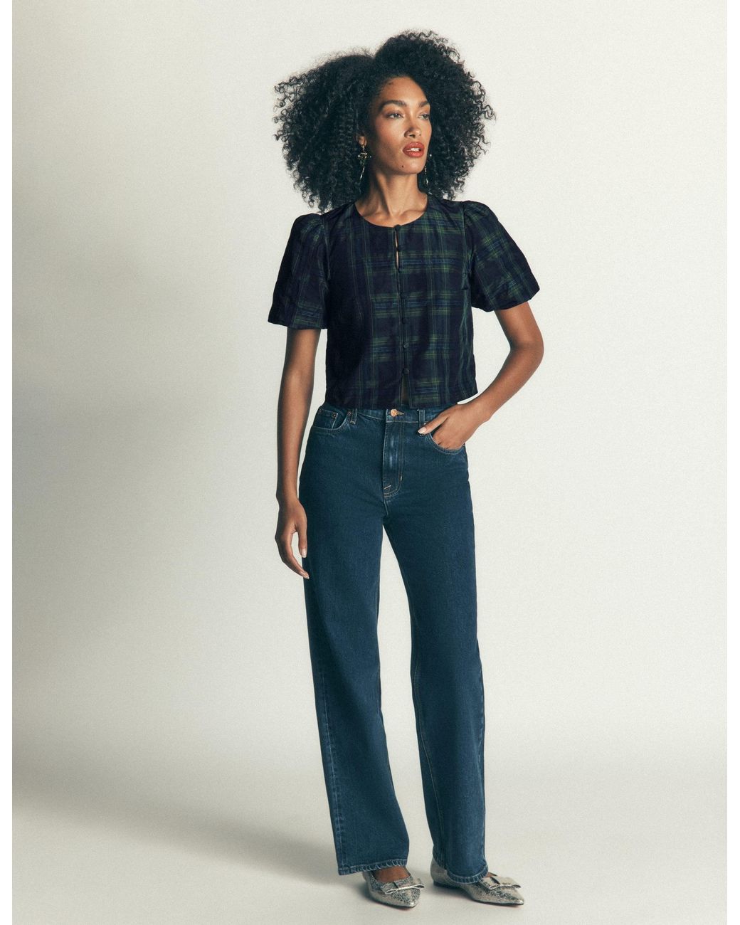 Boden Black Puff Sleeve Taffeta Top