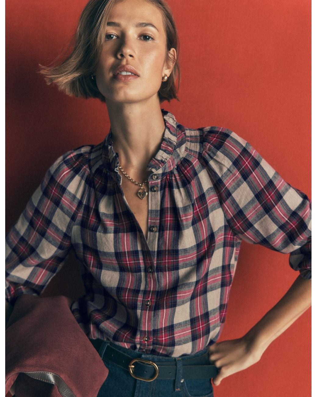 Boden Red Erica Frill Check Top