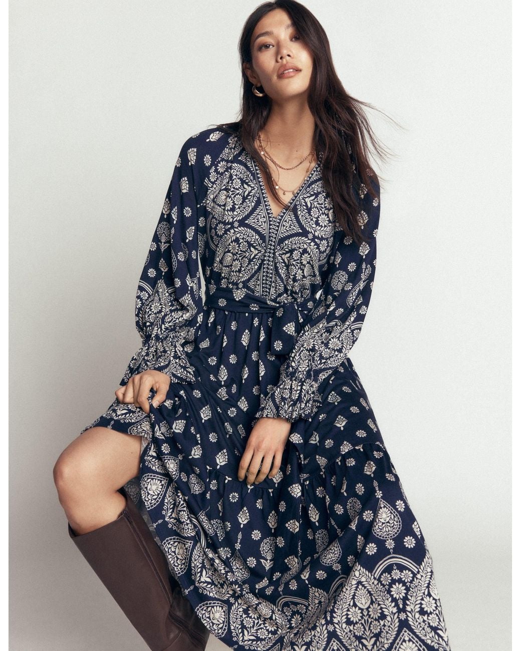 Boden Blue Blouson Tiered Jersey Dress