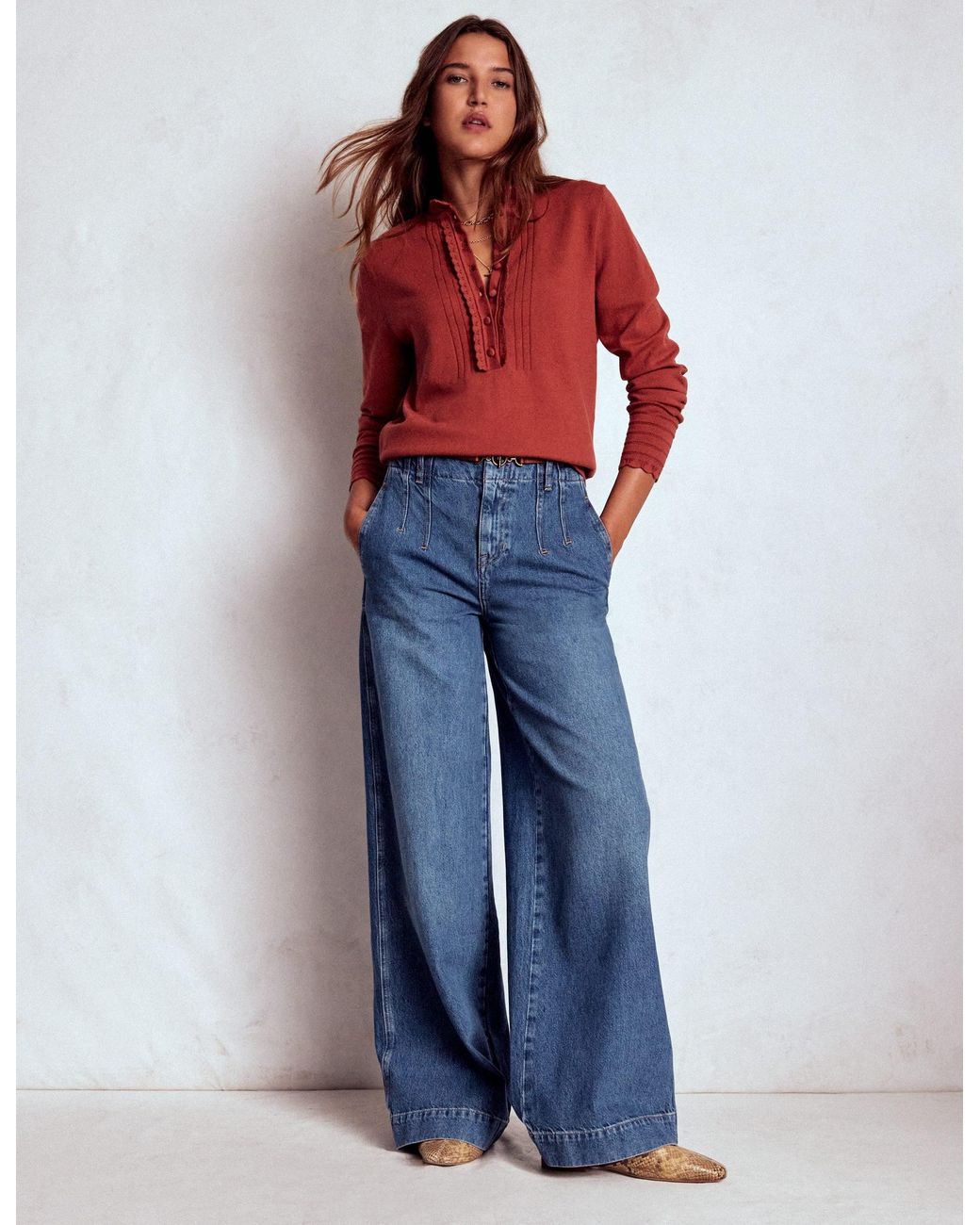 Boden Blue Stitch Detail Wide Leg Jeans