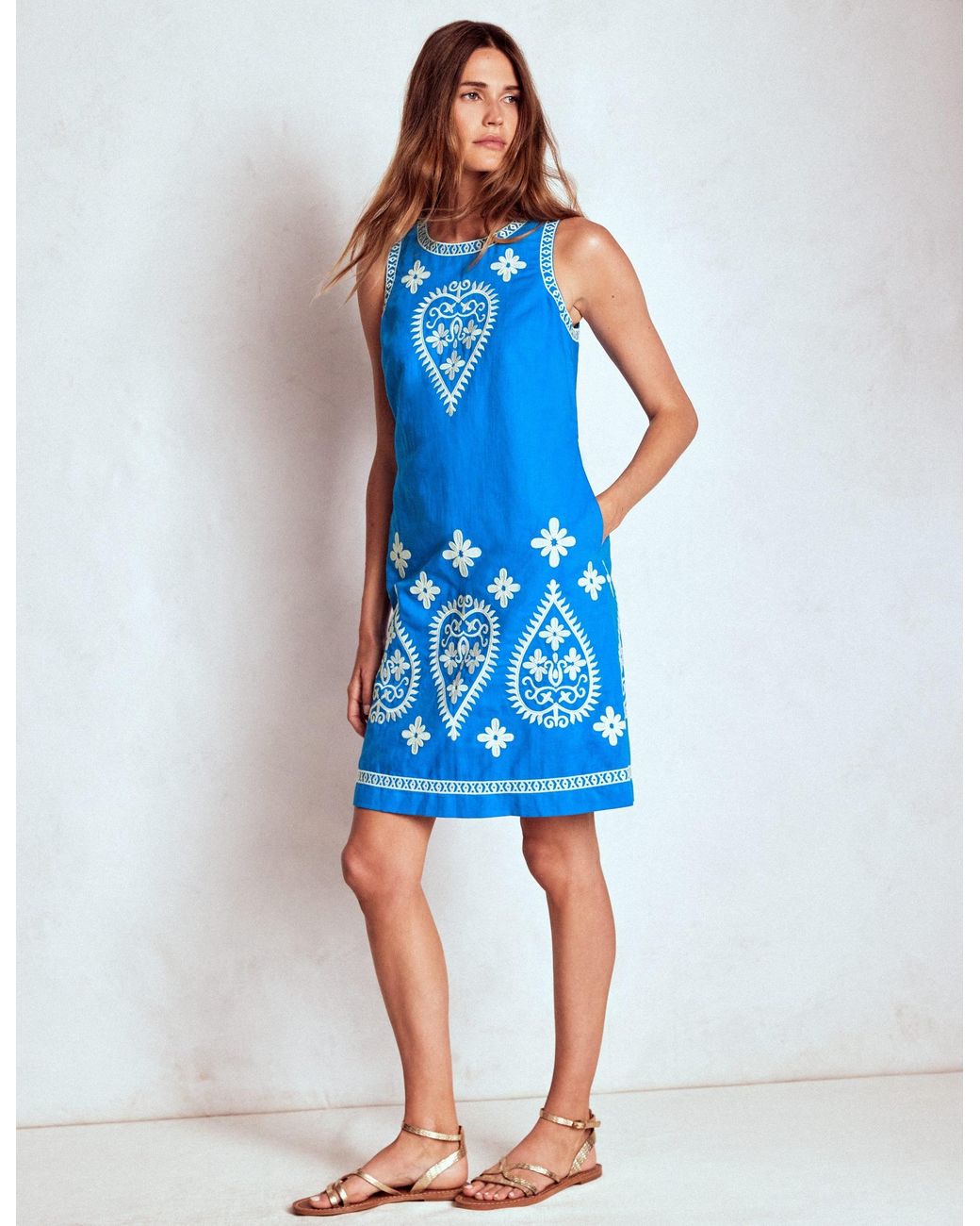 Boden Blue Embroidered Linen Shift Dress