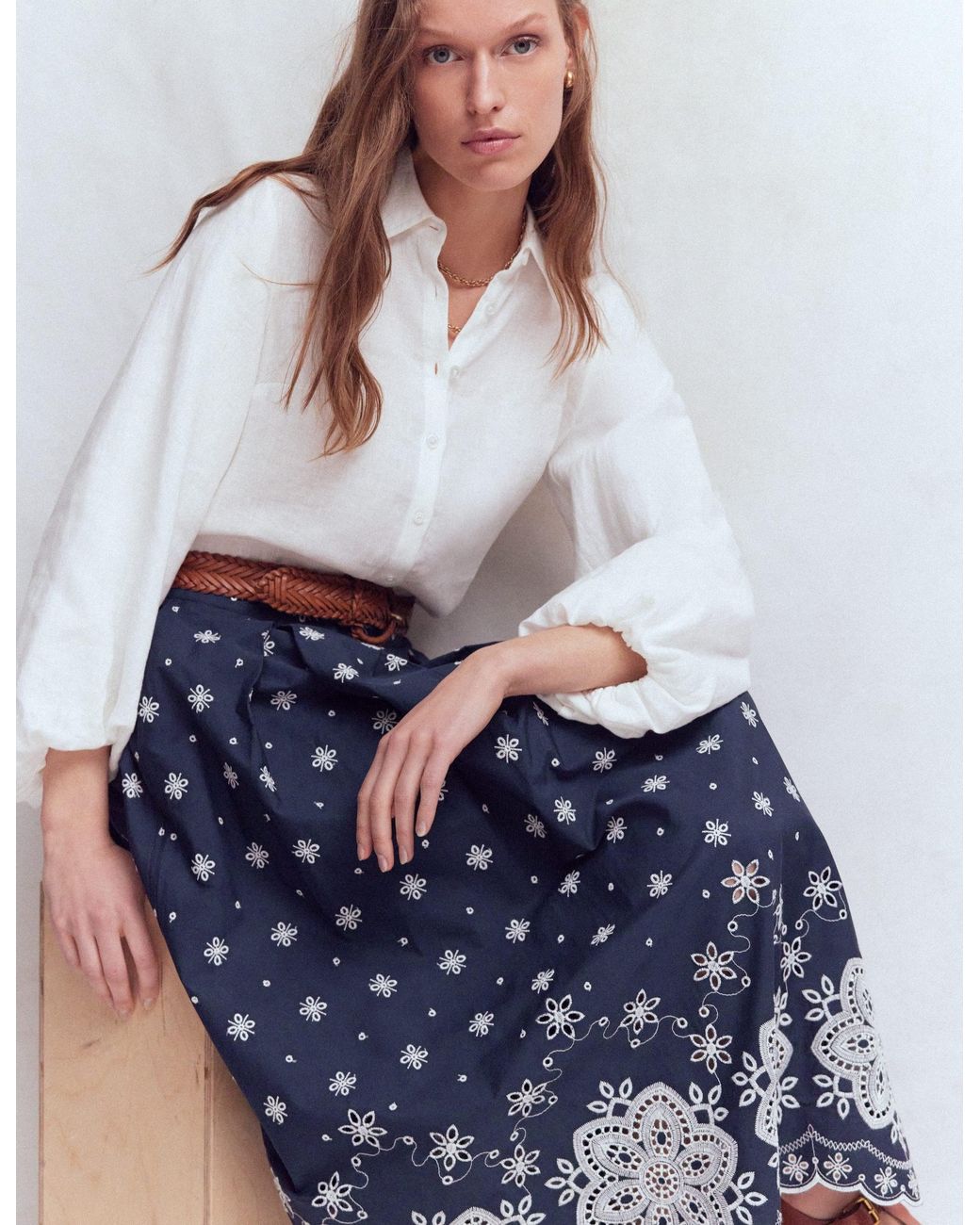 Boden Blue Verity Broderie Poplin Skirt