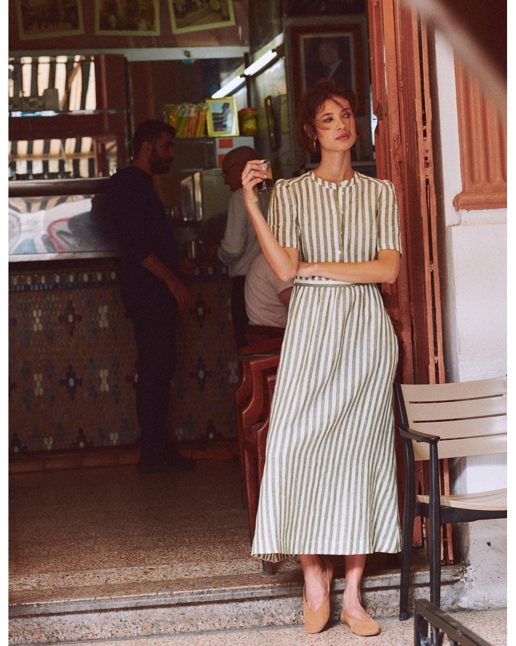 Boden Brown Ivy Linen Midi Dress- Ivory Stripe