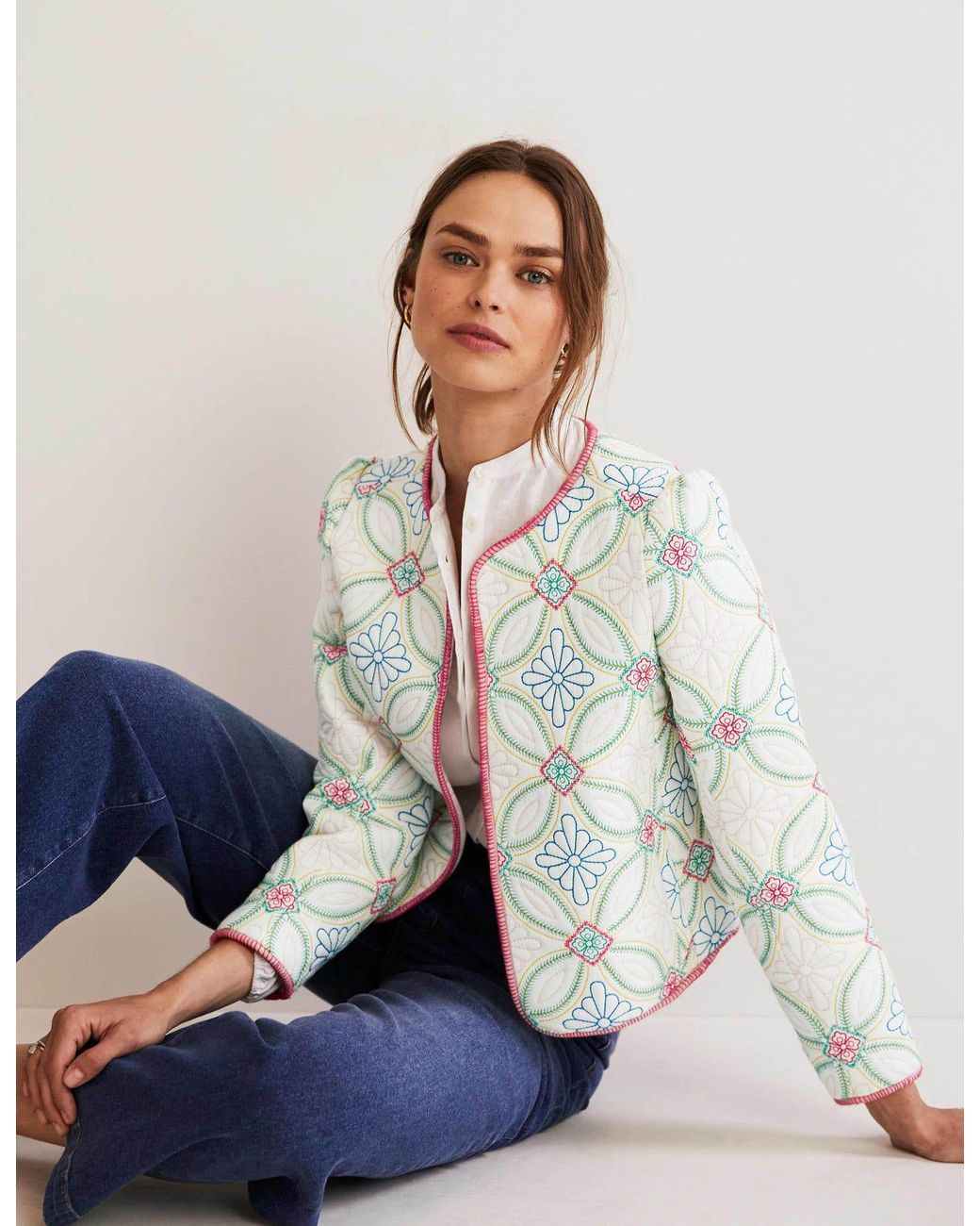 Boden Embroidered Quilted Jacket in White