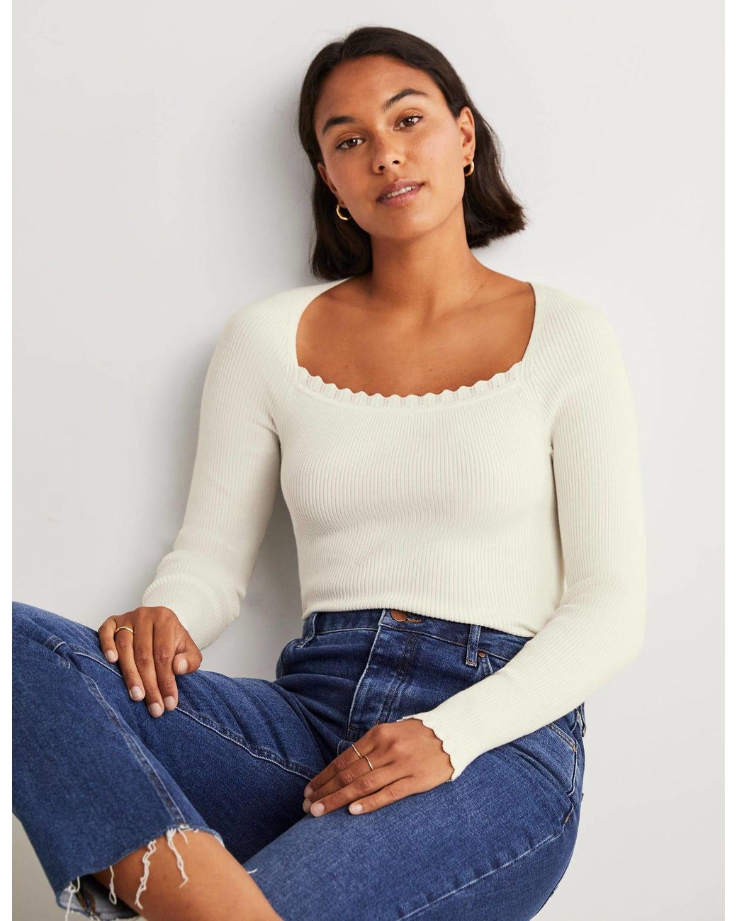 Boden Ribbed Square Neck Knitted Top in White | Lyst