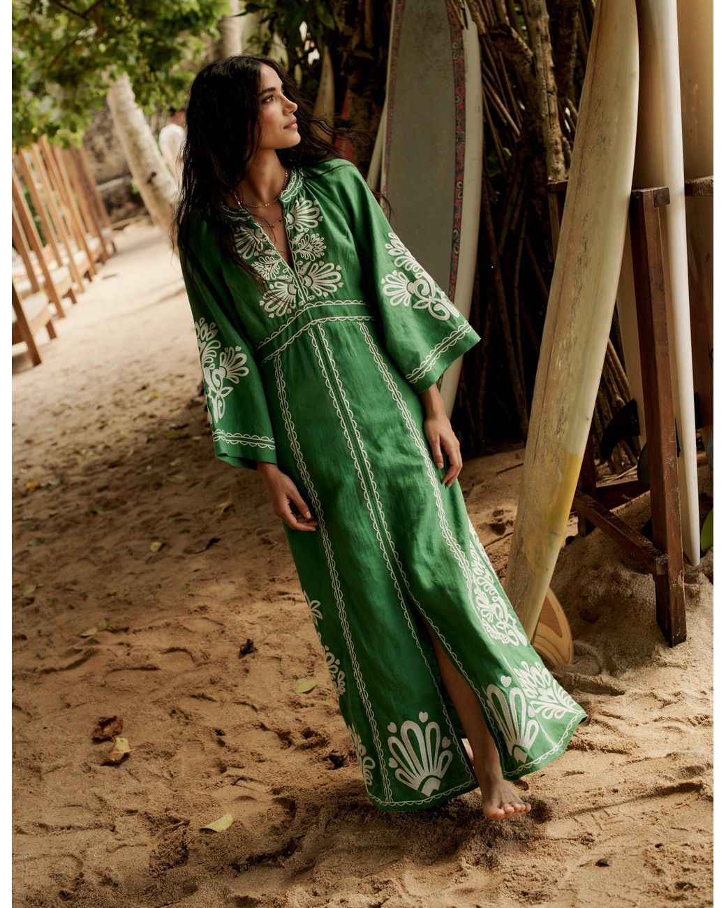 Boden Una Linen Embroidered Dress in Green
