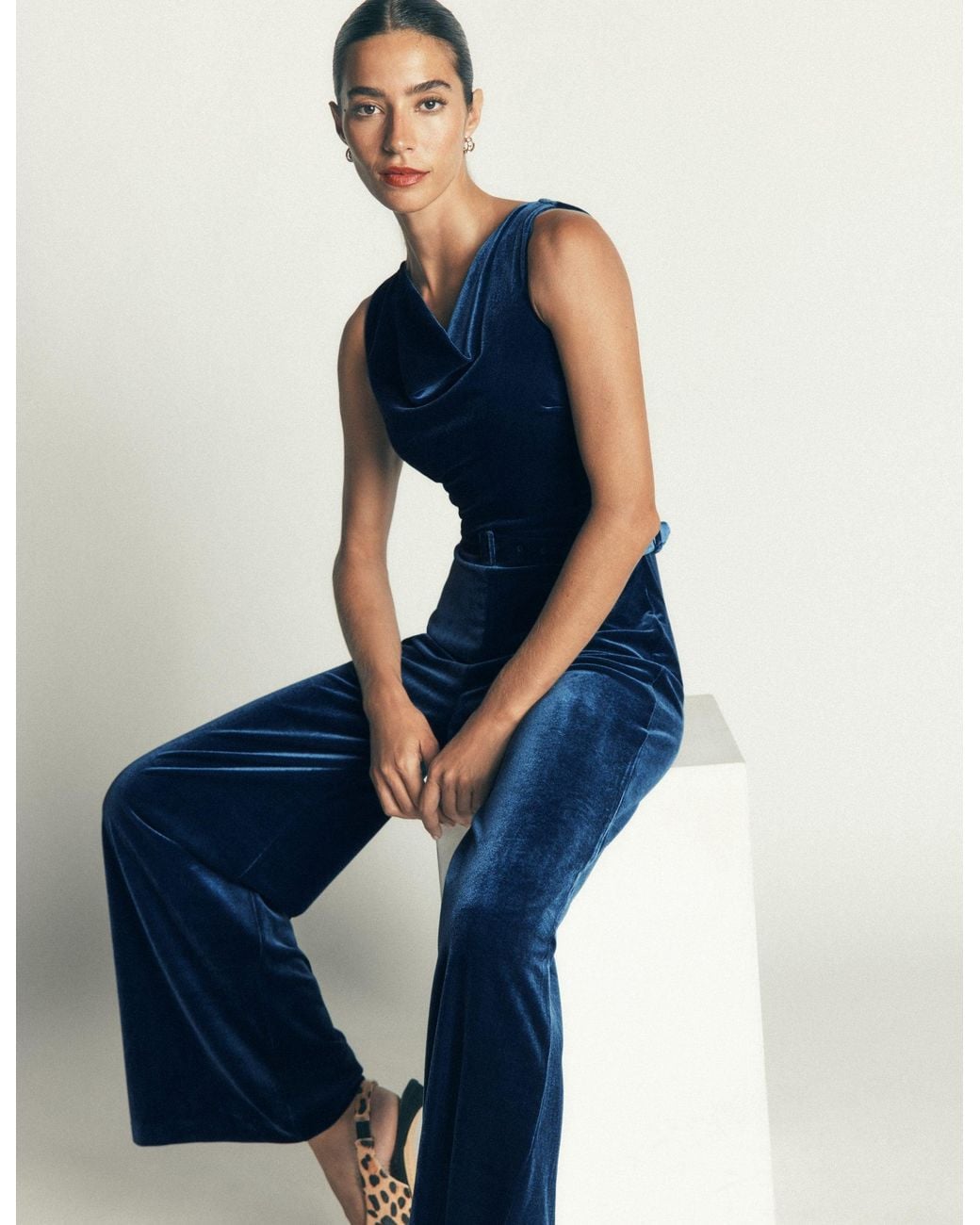 Boden Blue Cowl Neck Velvet Jumpsuit