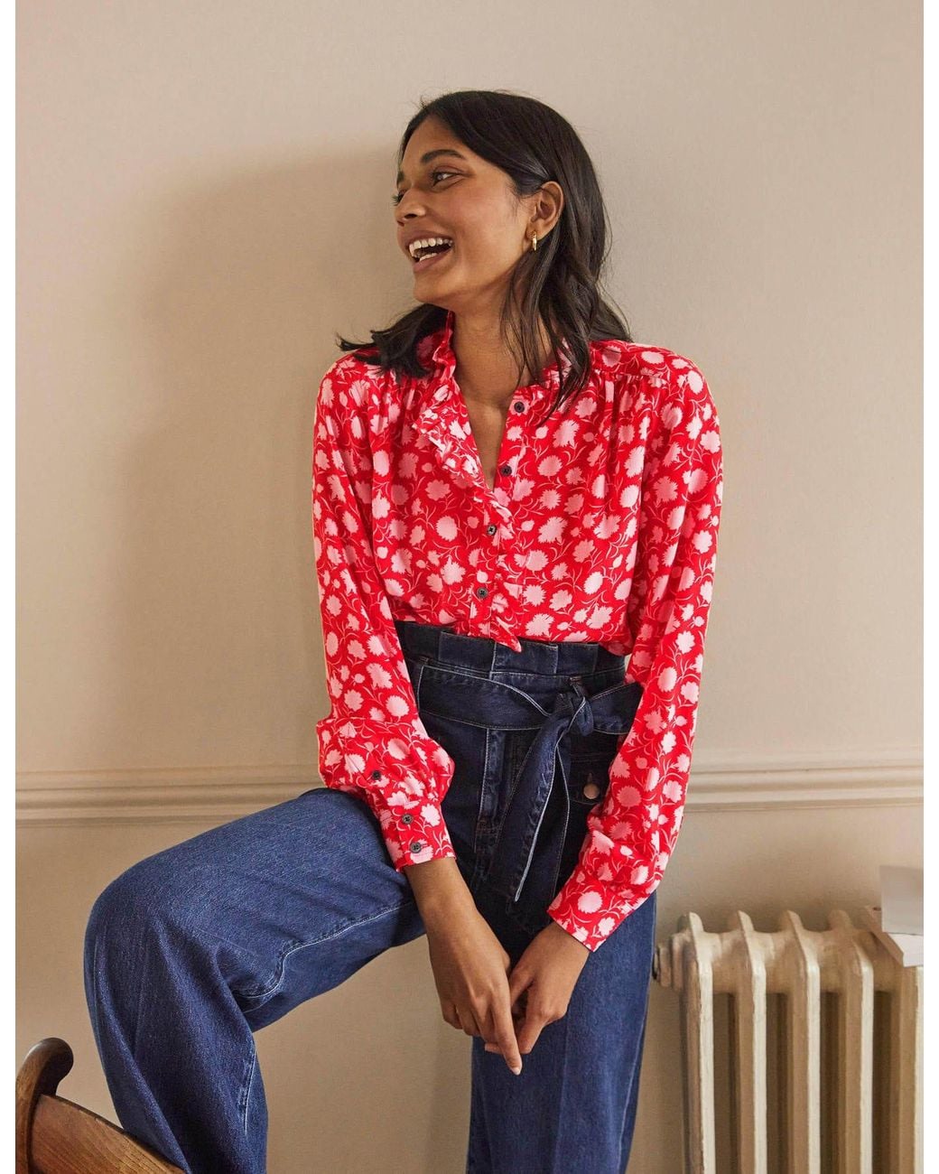 Boden High Neck Ruffle Silk Blouse in 