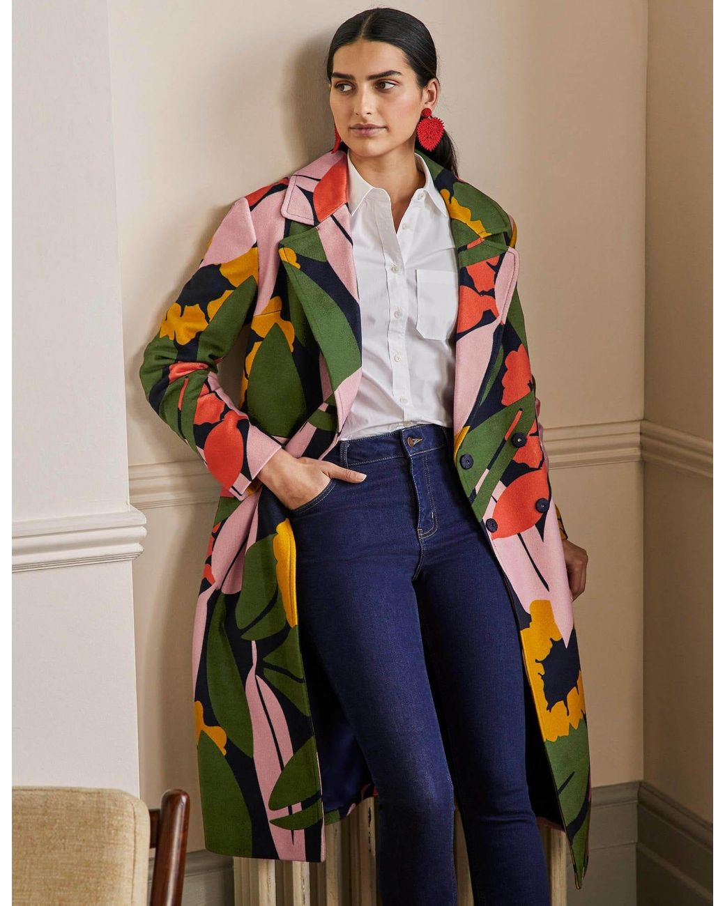 Boden Constance Printed Wool Coat French Abstract Bloom in Blue
