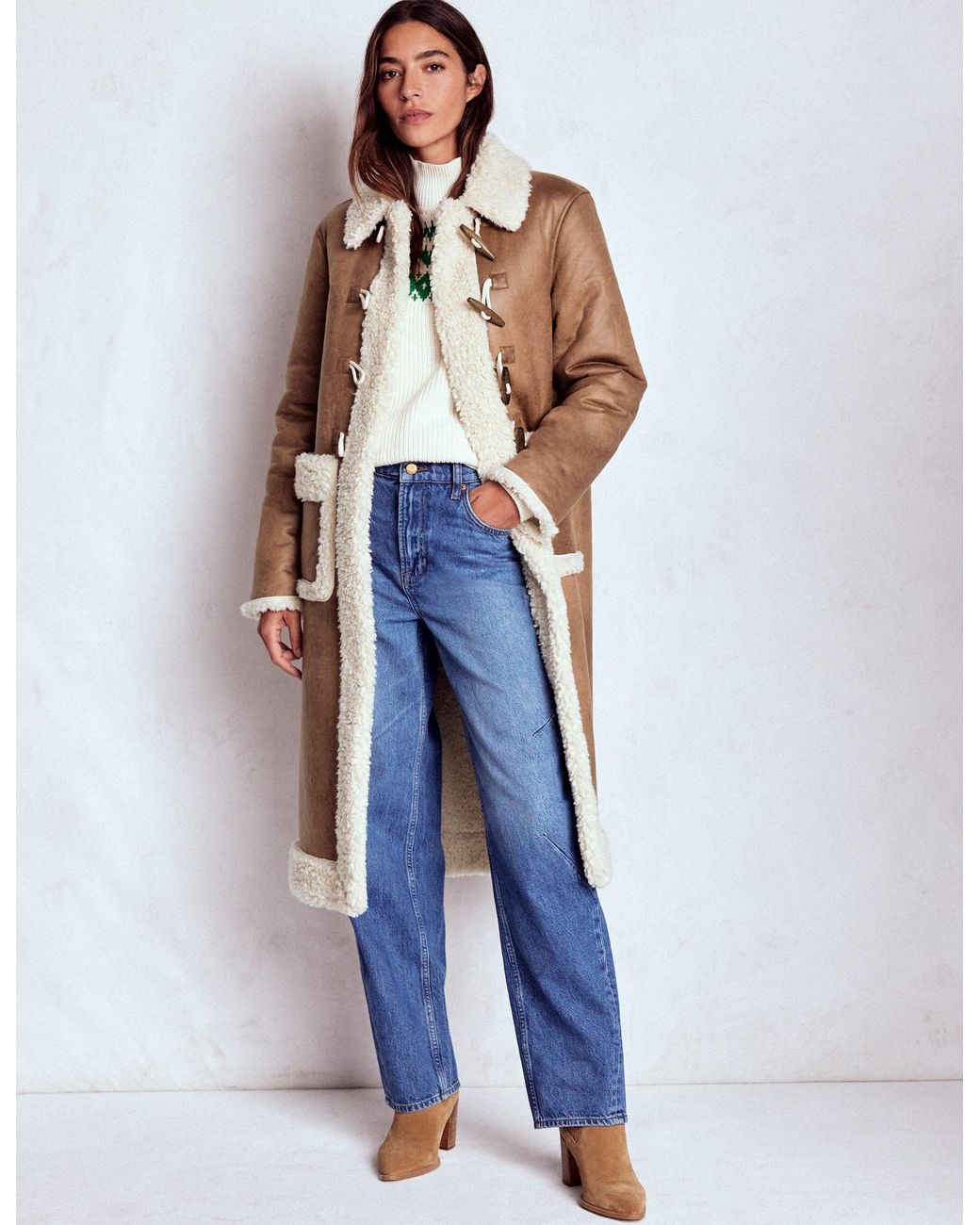 Boden Multicolor Borg Duffle Coat-Camel, Natural Borg