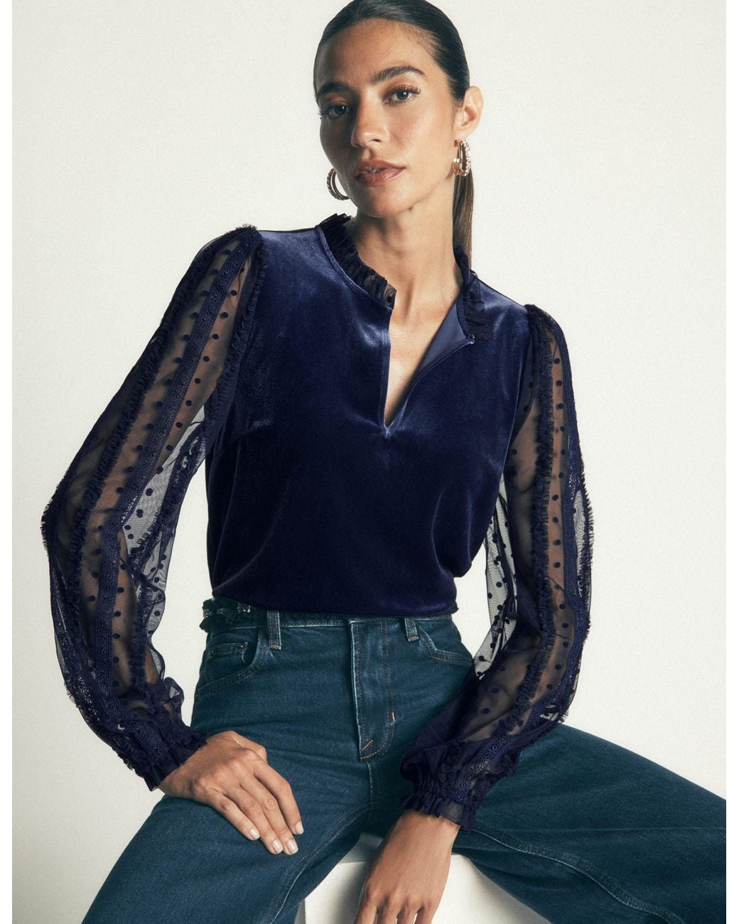 Boden Blue Tulle Mix Velvet Top