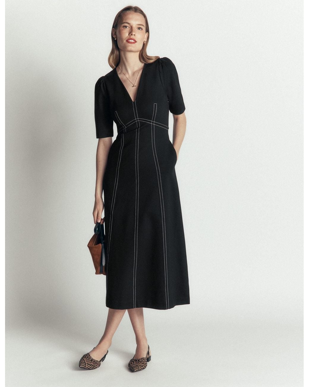 Boden Black Puff Sleeve Ponte Midi Dress