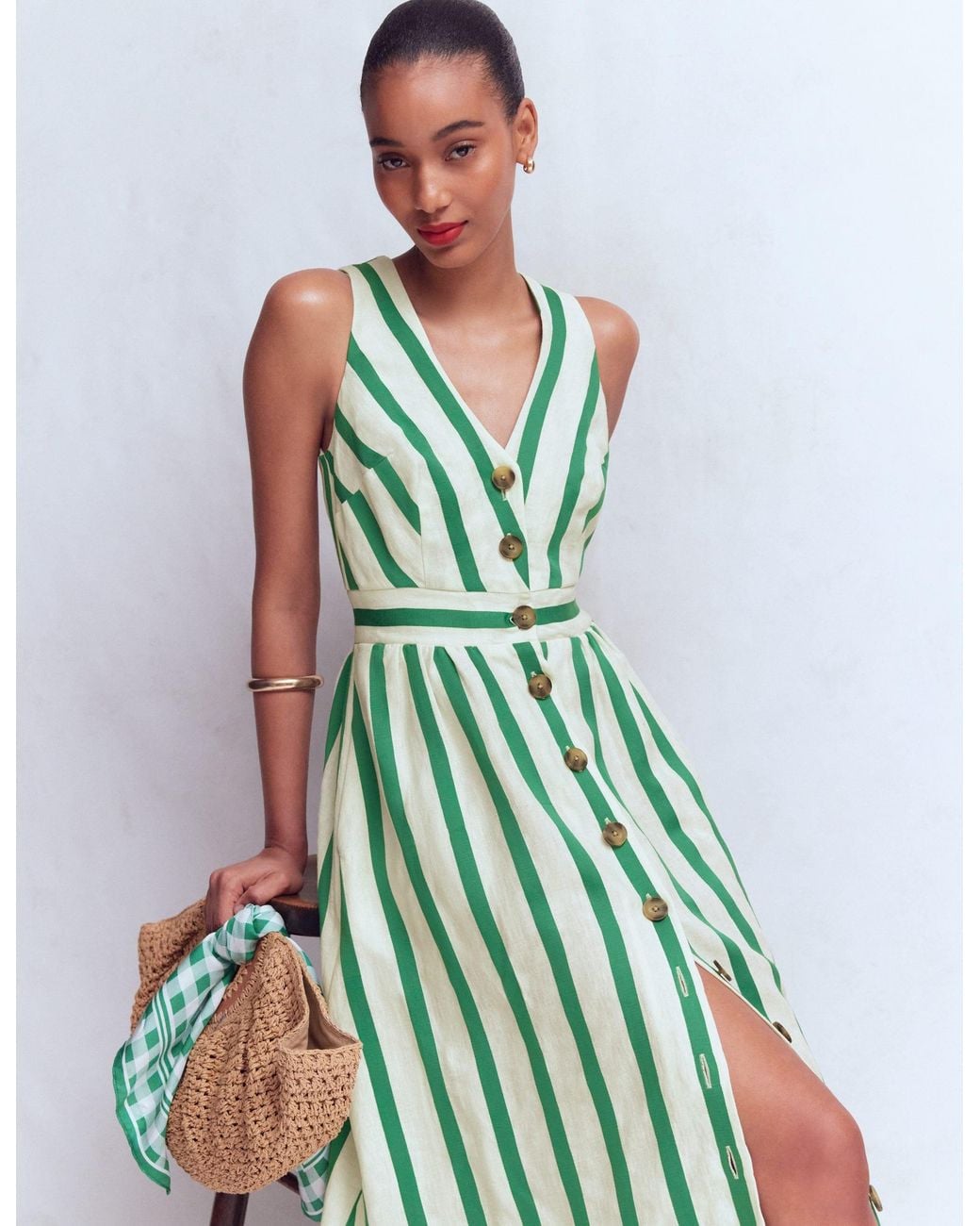 Boden Green Catherine Button Linen Dress