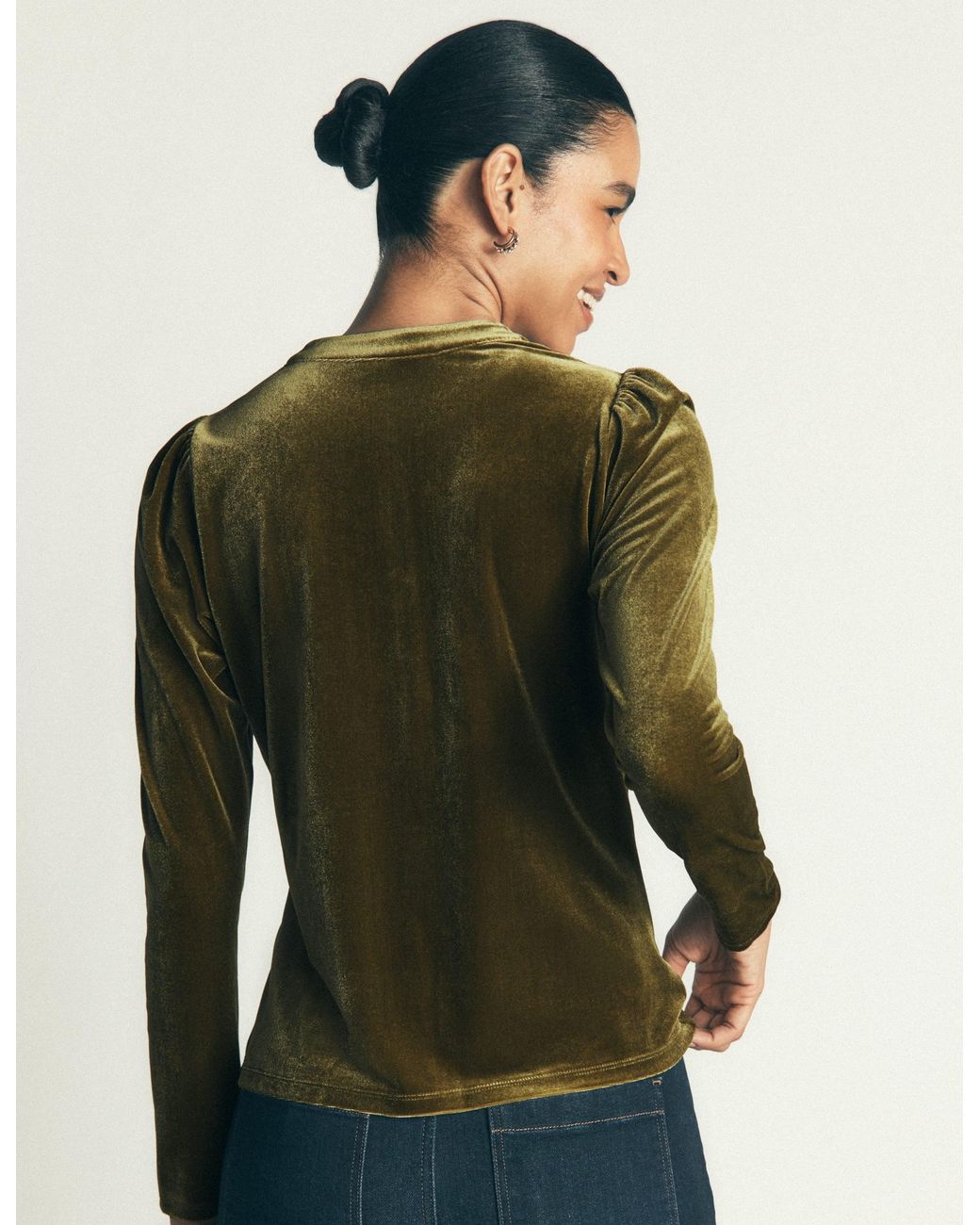 Boden Green Puff Sleeve Velvet Shirt