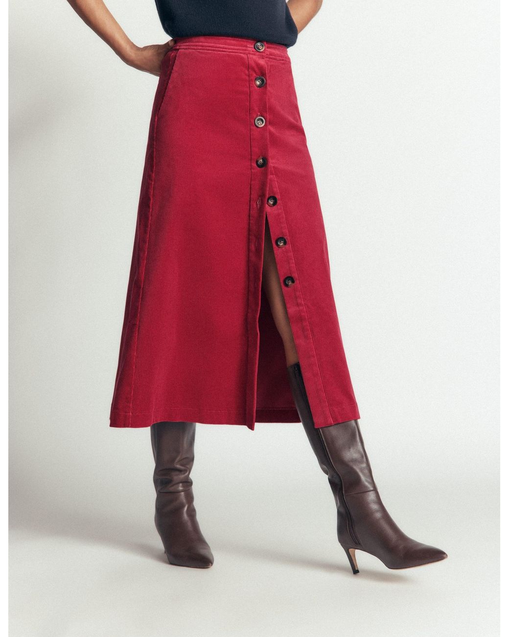 Boden Red Val Button Cord Midi Skirt