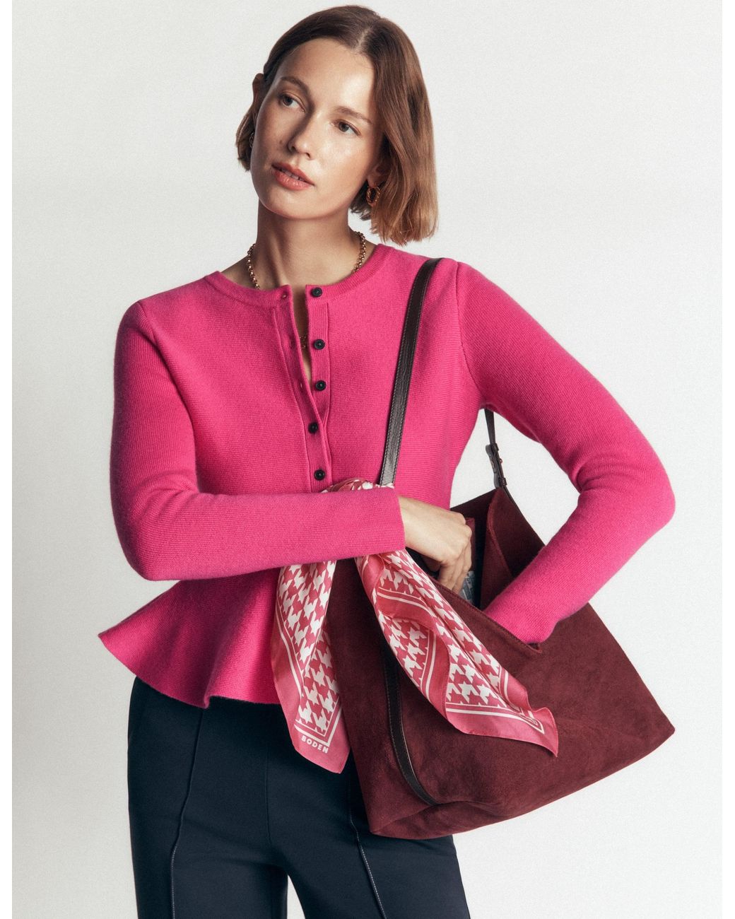 Boden Pink Fitted Wool Peplum Cardigan