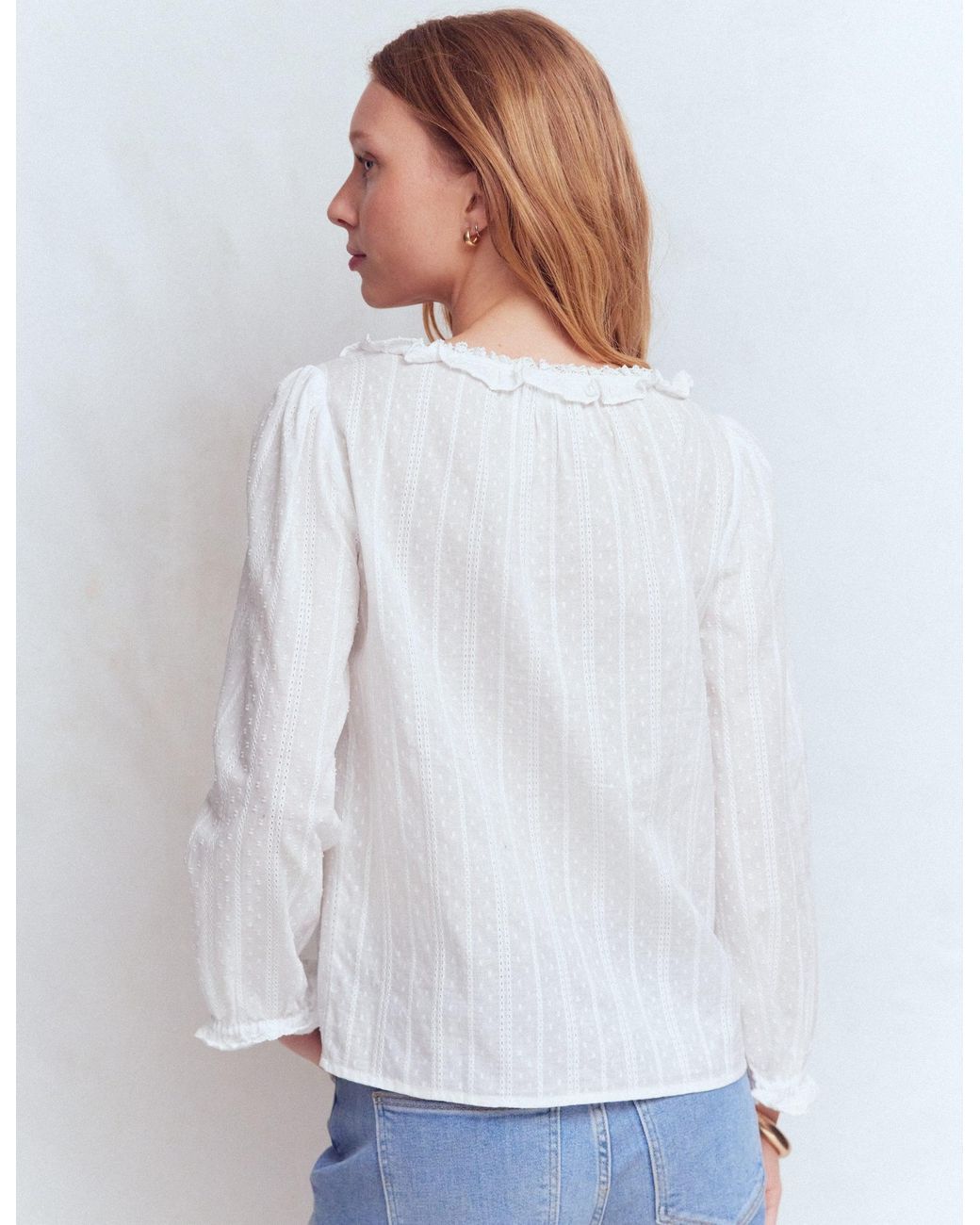 Boden White Scoop Neck Ruffle Top