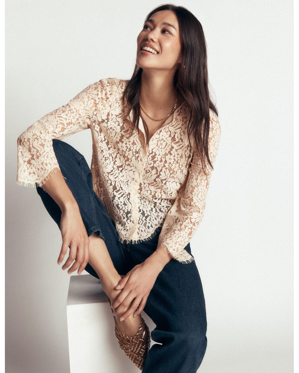 Boden White Lace Puff Sleeve Top