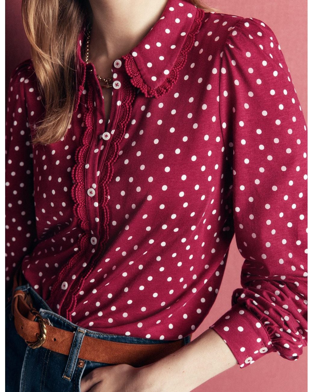 Boden Red Lace Frill Blouse