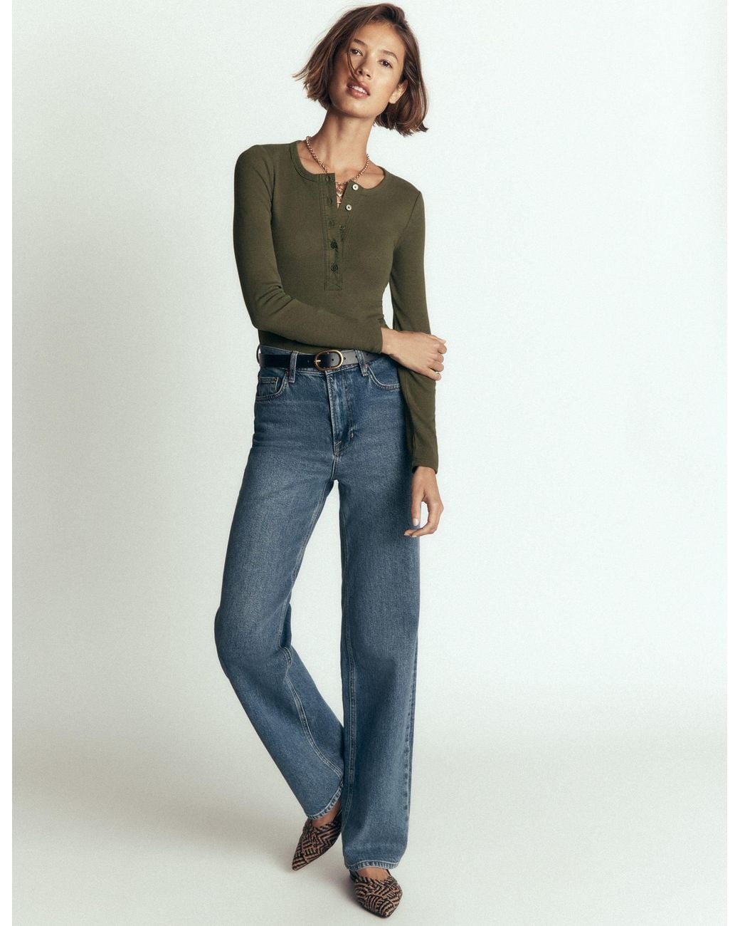 Boden Green Ribbed Long Sleeve Henley Top