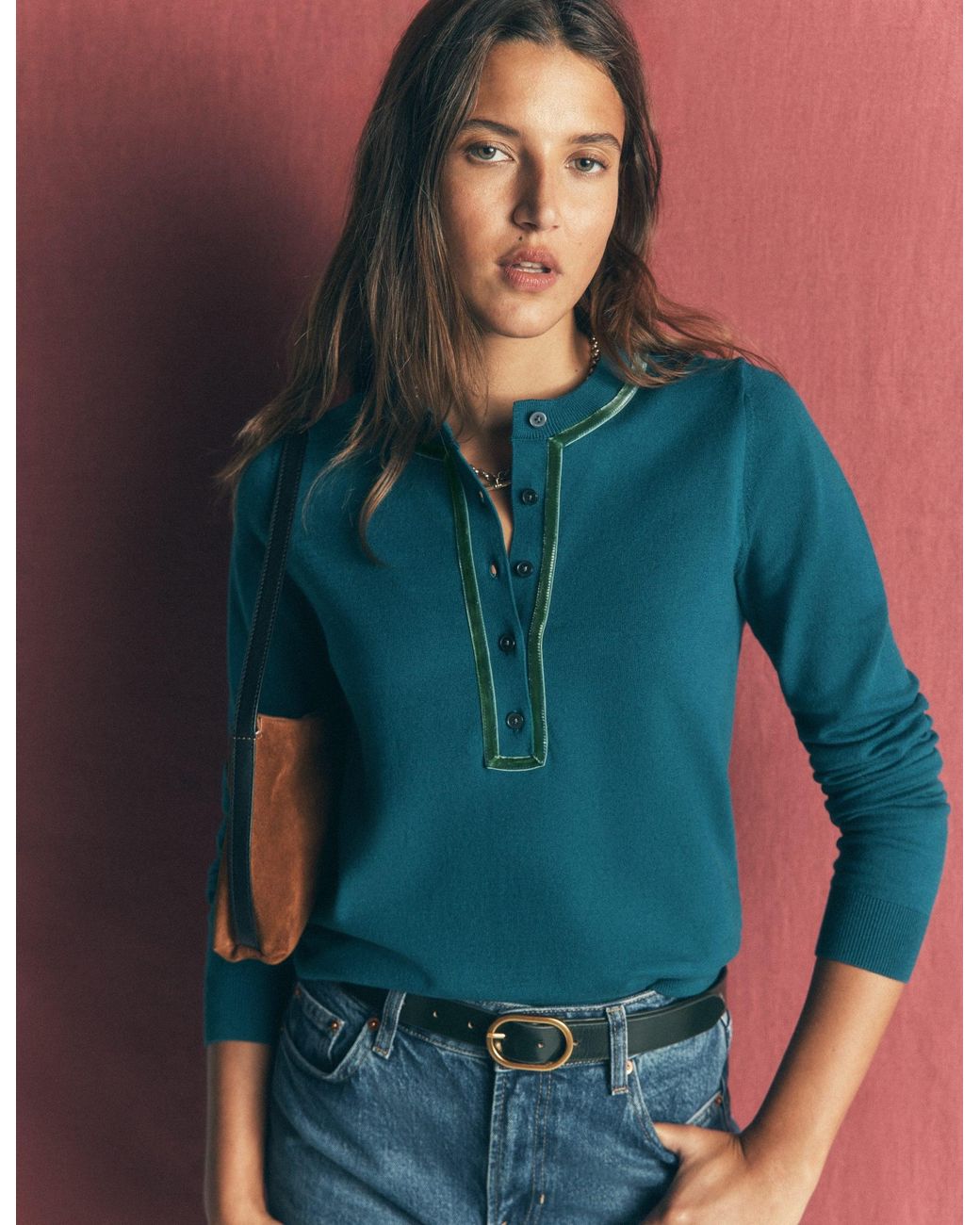 Boden Blue Velvet Trim Henley