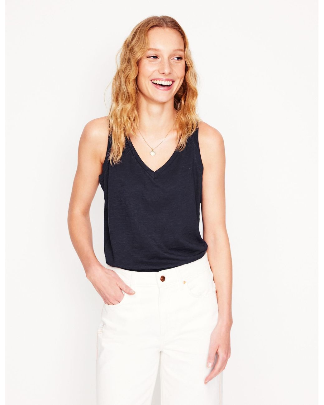 Boden Blue Regular V Neck Slub Tank