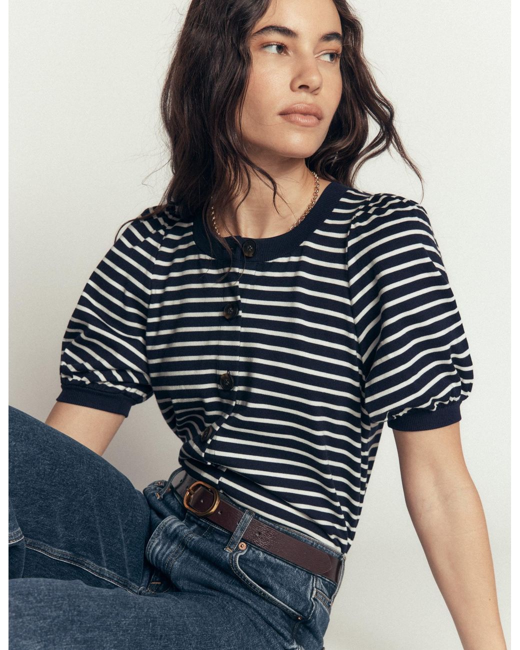 Boden Blue Button-Through Puff Sleeve Top