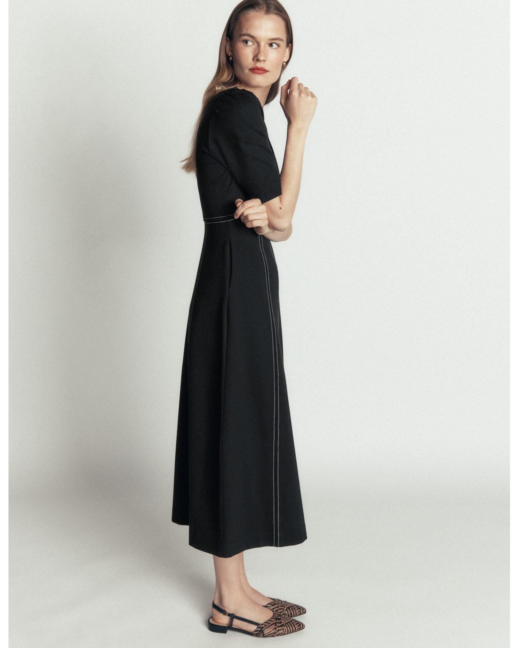 Boden Black Puff Sleeve Ponte Midi Dress