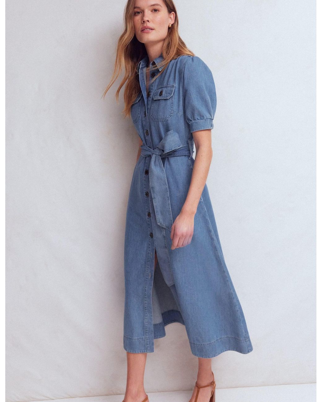Boden Blue Puff Sleeve Denim Shirt Dress