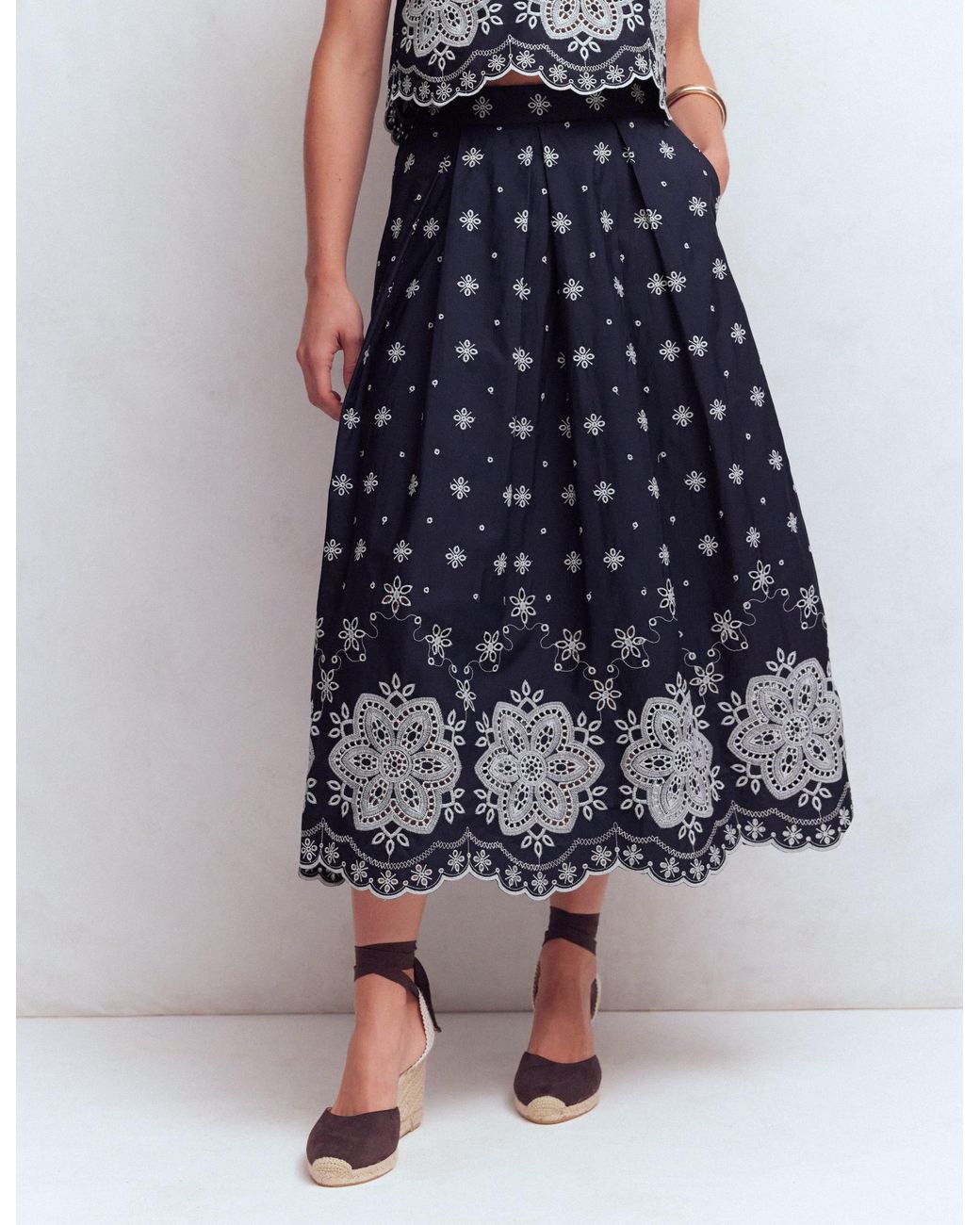 Boden Blue Verity Broderie Poplin Skirt