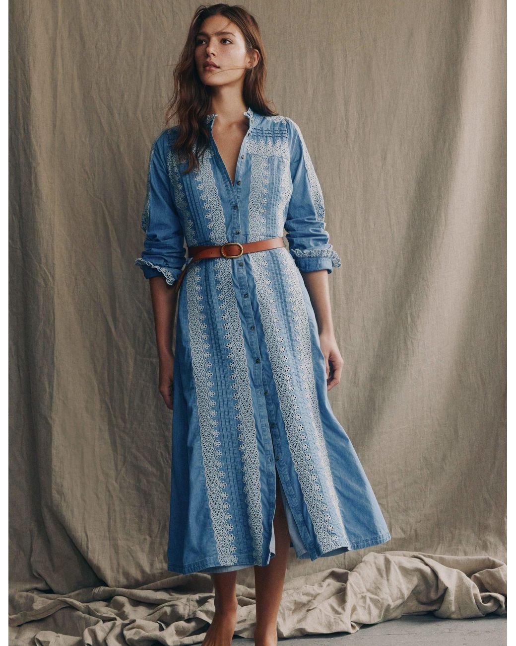 Boden Blue Ruffle Placket Chambray Dress