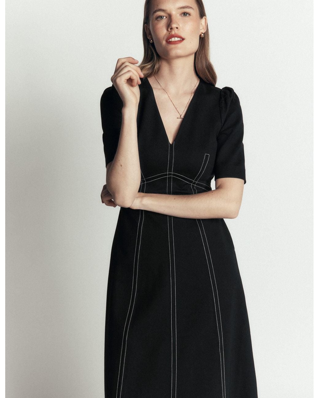 Boden Black Puff Sleeve Ponte Midi Dress