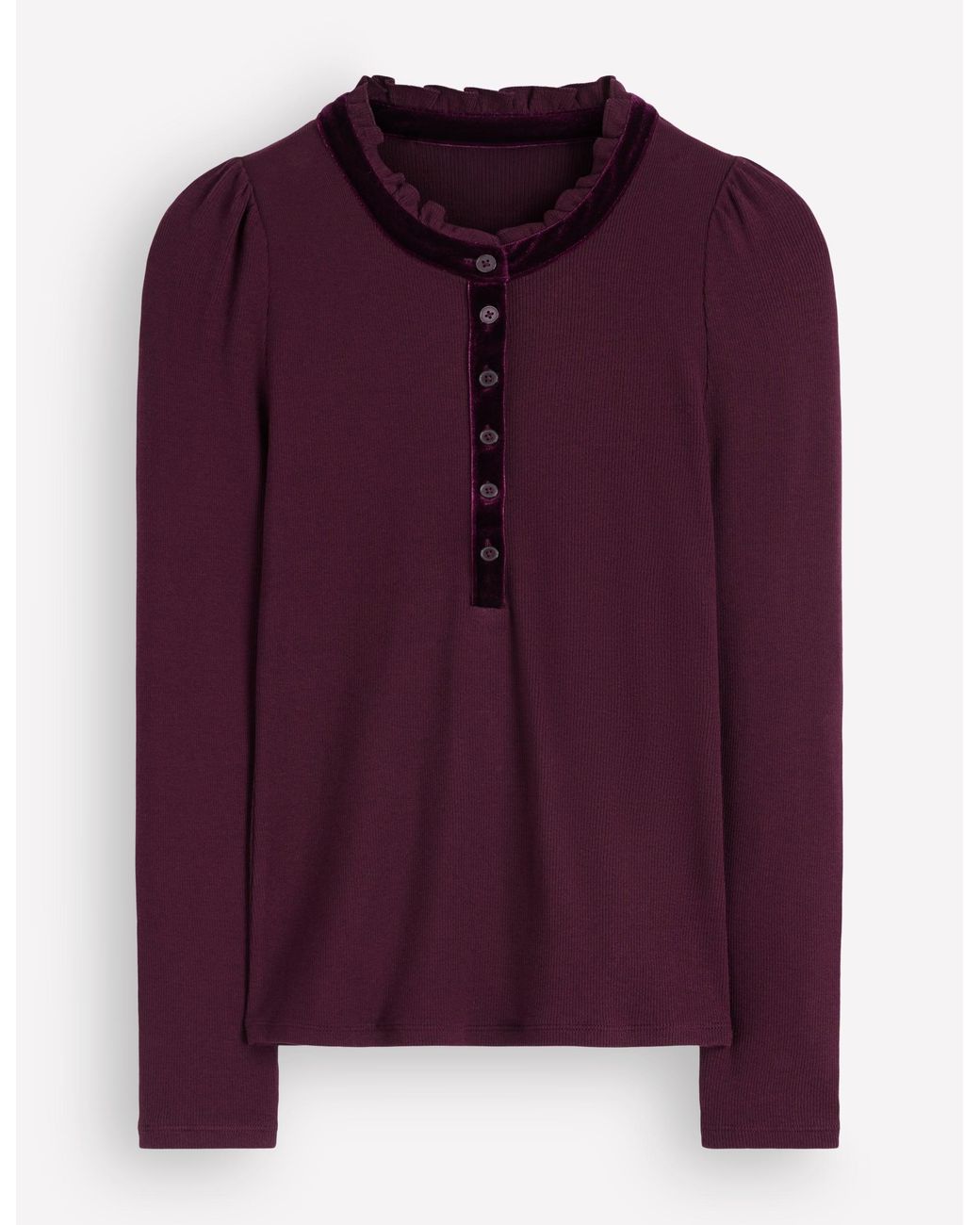 Boden Purple Velvet Ruffle Trim Henley Top