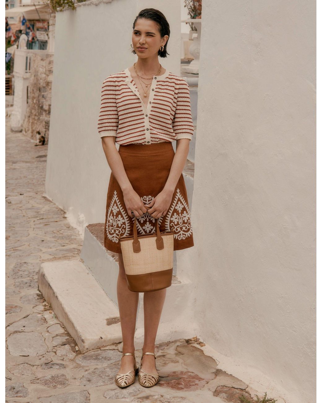 Boden Brown Embroidered Linen Skirt
