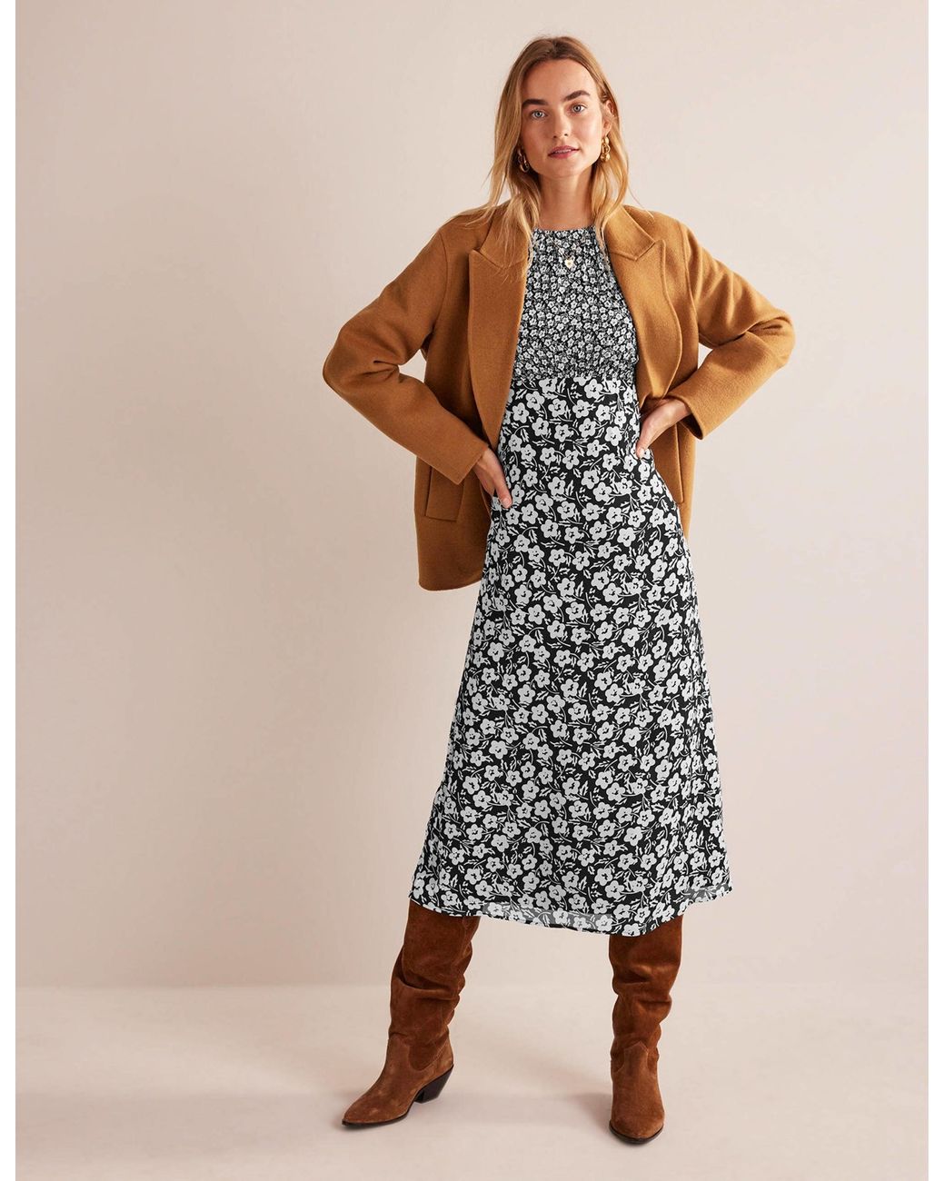 Boden Blue Hotched Midi Tea Dress