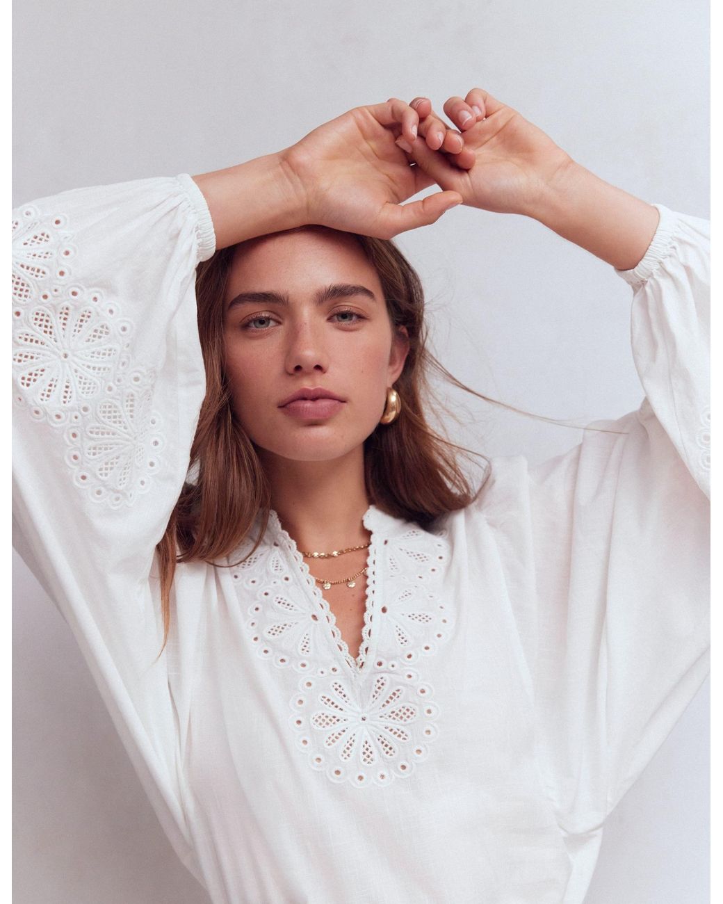 Boden White Embroidered Notch Neck Top