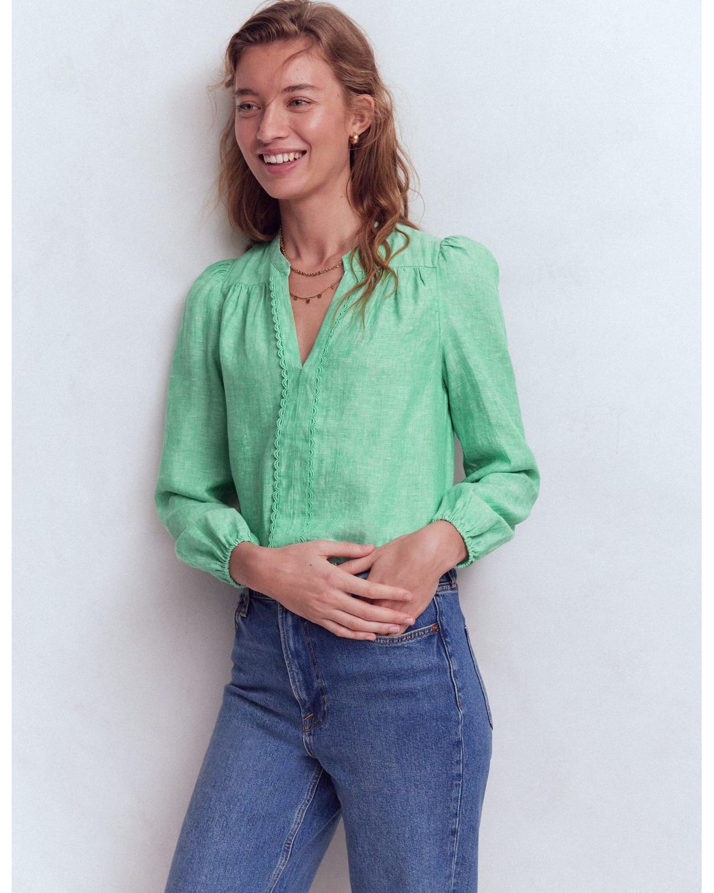 Boden Green Linen Trim Insert Top