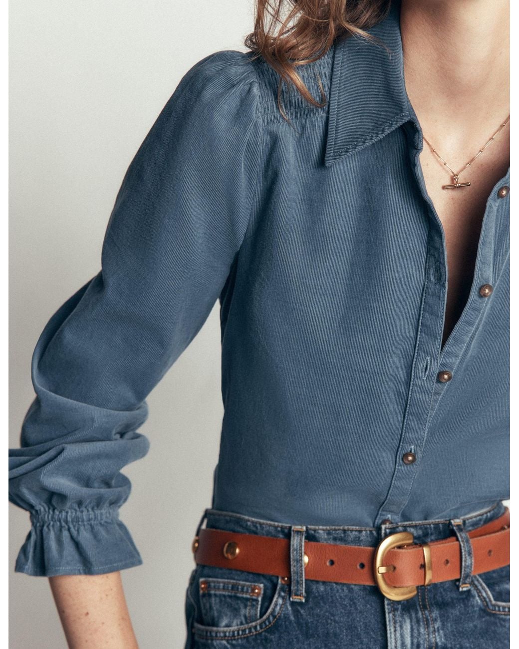 Boden Blue Smock Shoulder Cord Top
