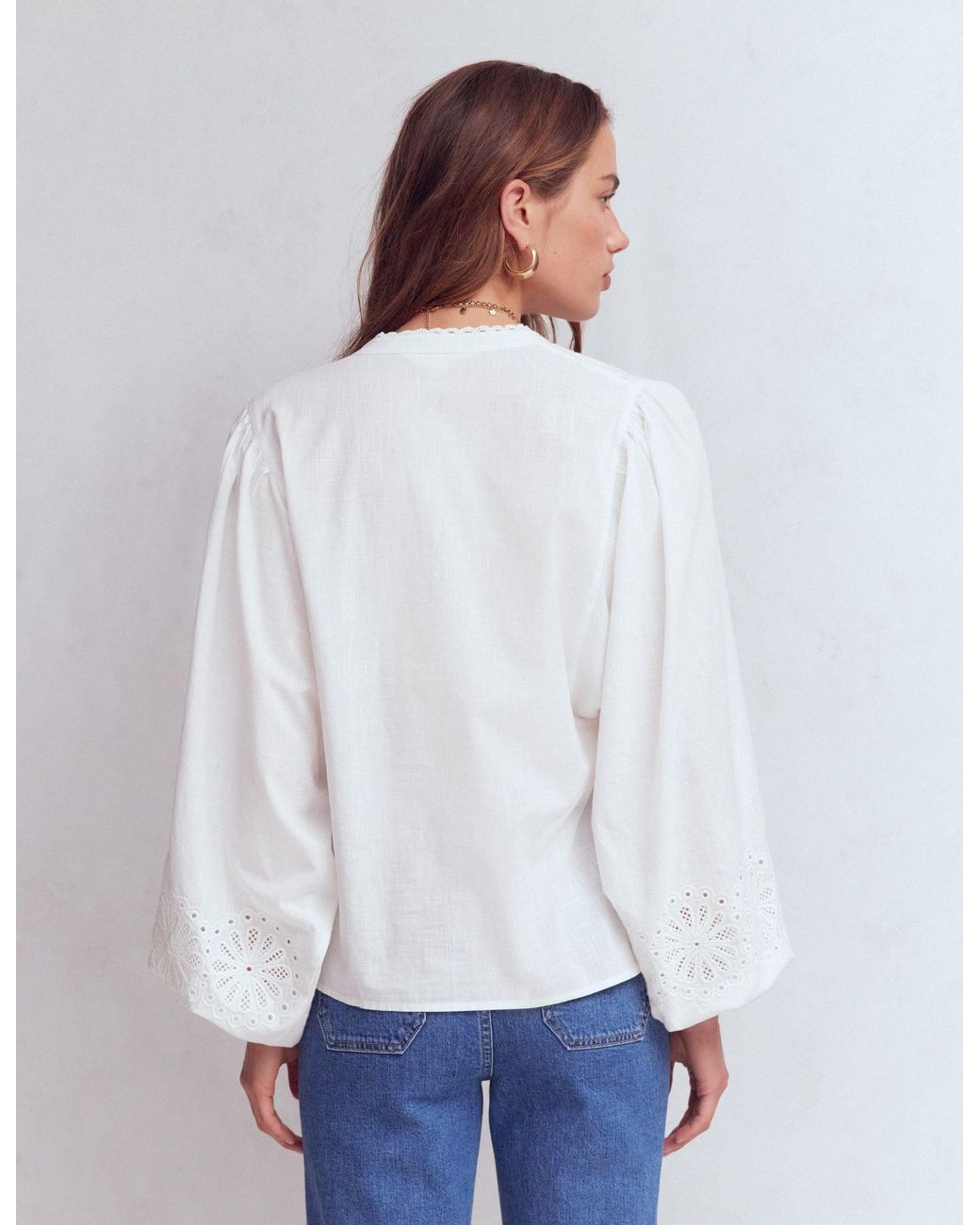 Boden White Embroidered Notch Neck Top