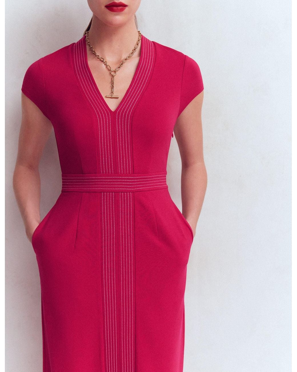 Boden Red Topstitch V-Neck Ponte Dress