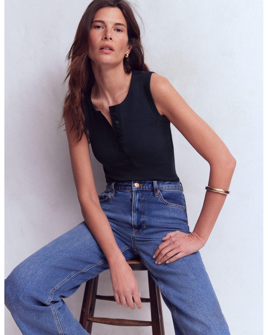 Boden Blue Woven Mix Ribbed Henley Top Vest