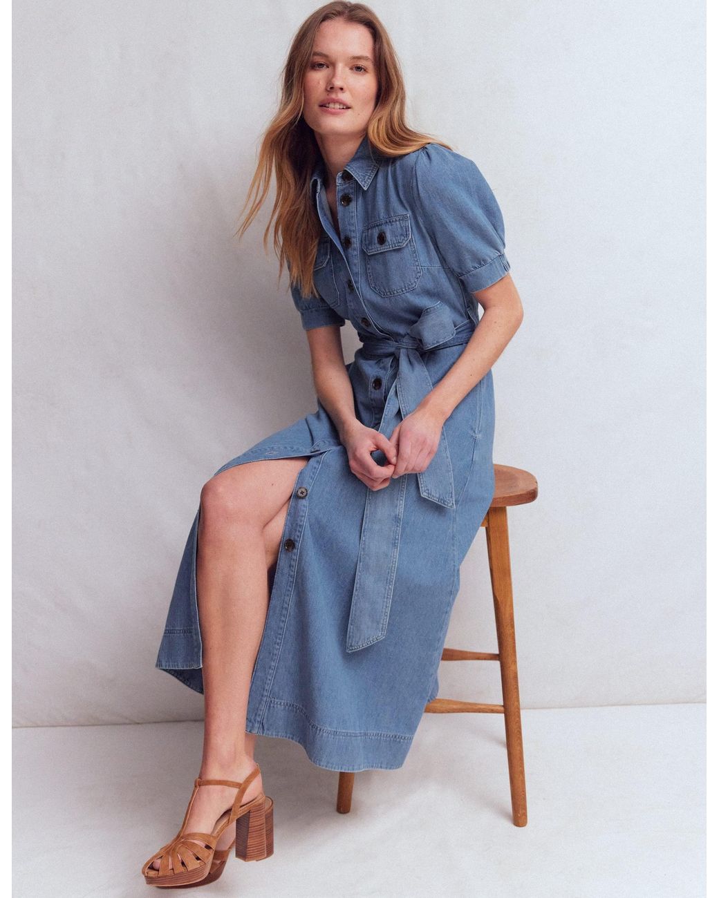 Boden Blue Puff Sleeve Denim Shirt Dress