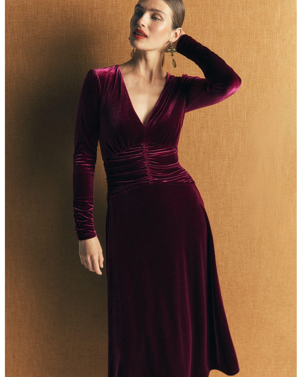Boden Blue Mya Ruched Velvet Midi Dress