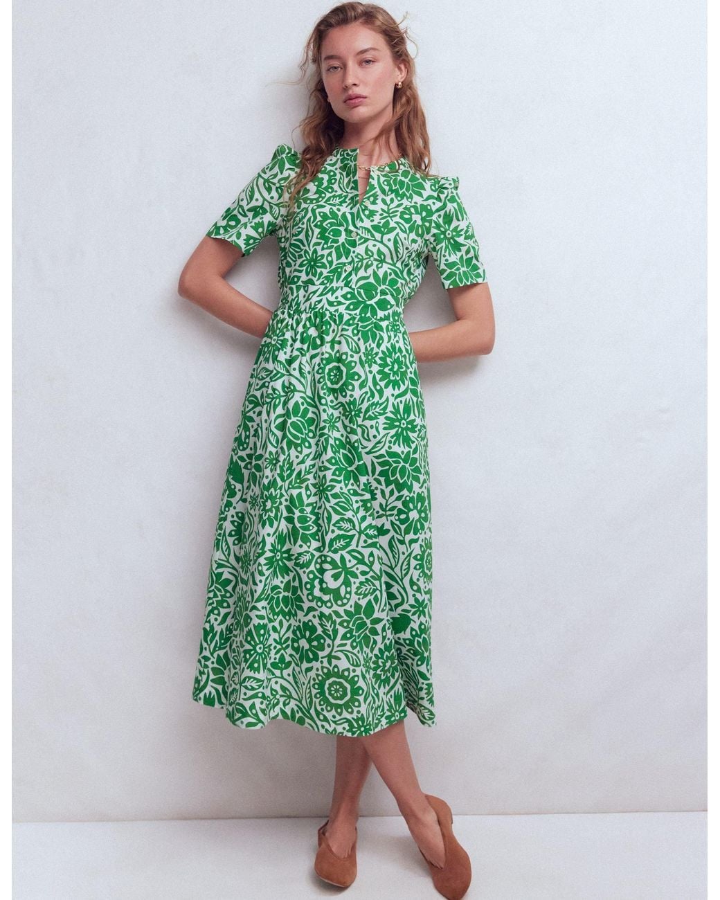 Boden Green Ivy Button Cotton Midi Dress