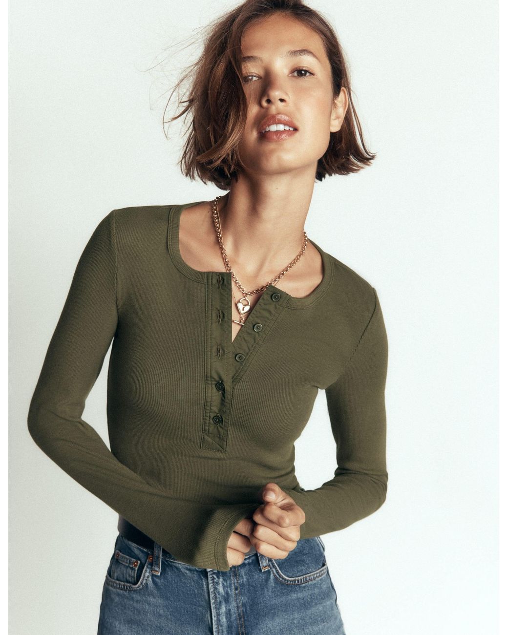 Boden Green Ribbed Long Sleeve Henley Top