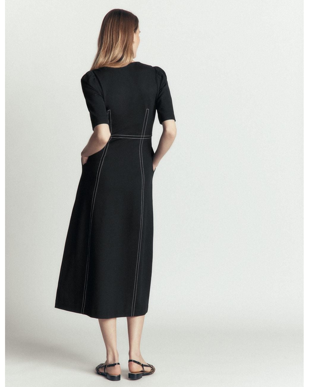 Boden Black Puff Sleeve Ponte Midi Dress