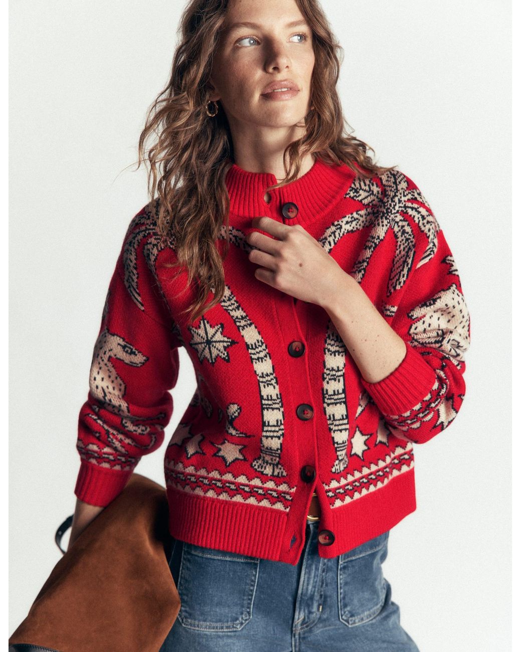 Boden Red Jemma Jacquard Knit Cardigan
