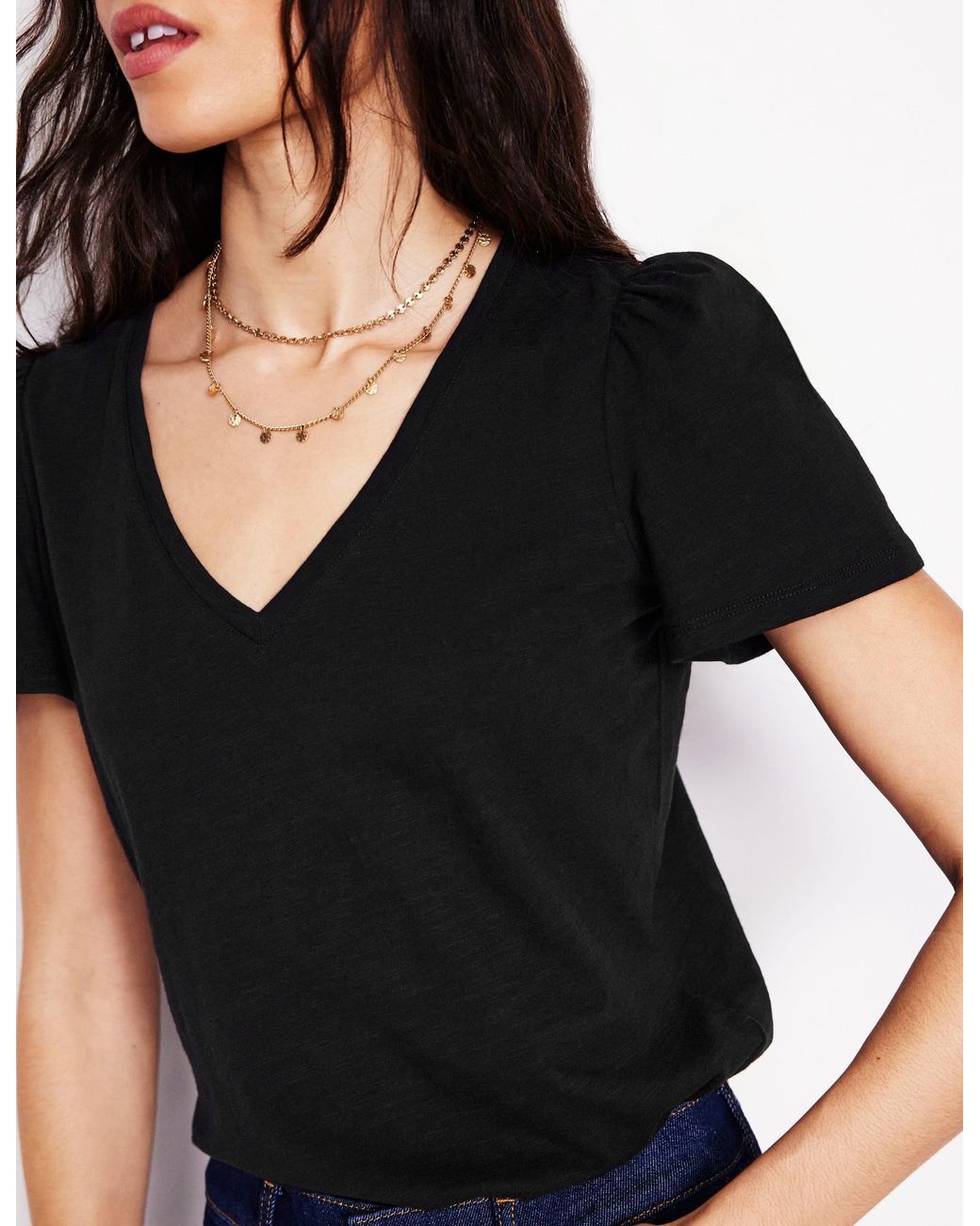 Boden Black Sophie V-Neck Slub T-Shirt