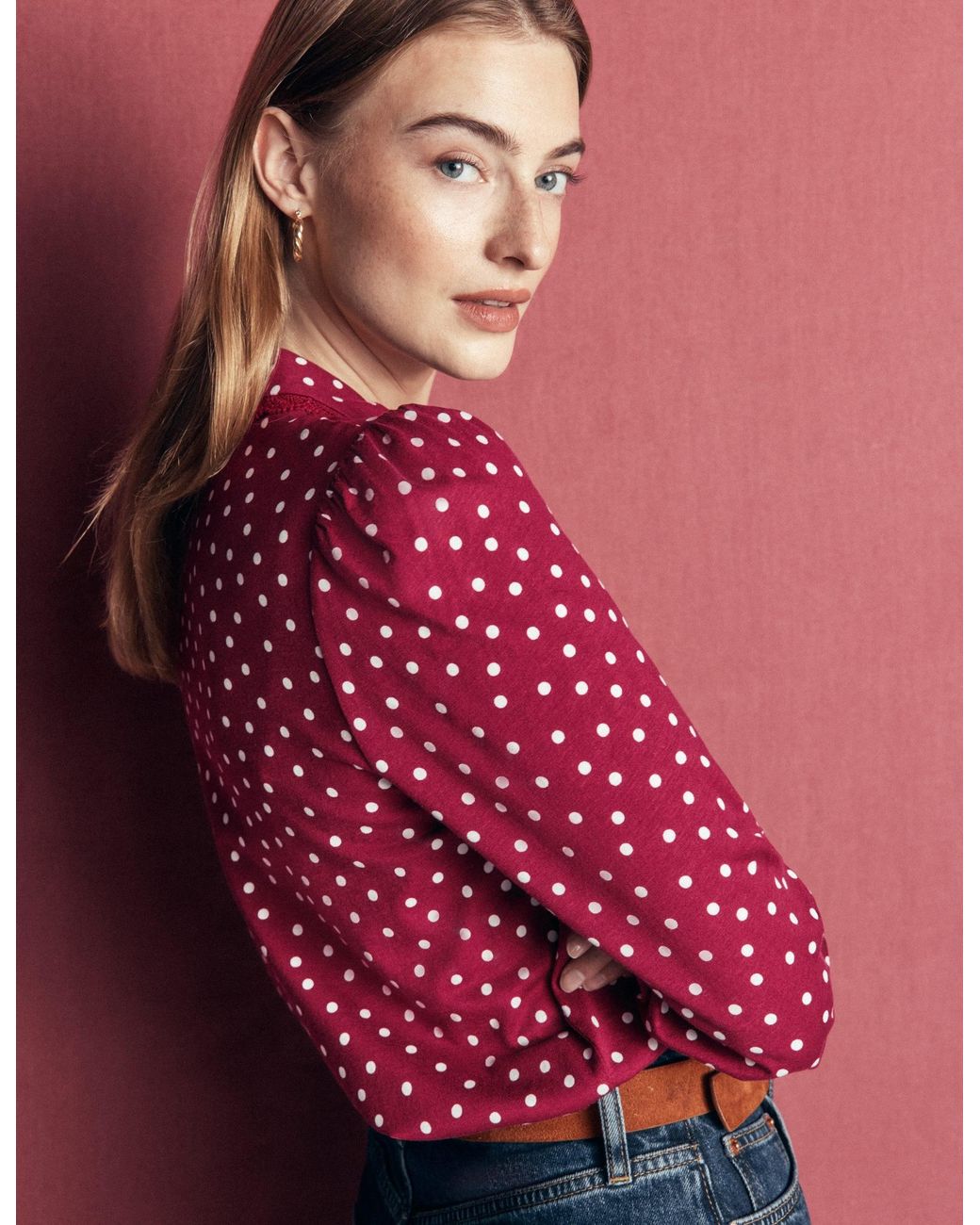 Boden Red Lace Frill Blouse