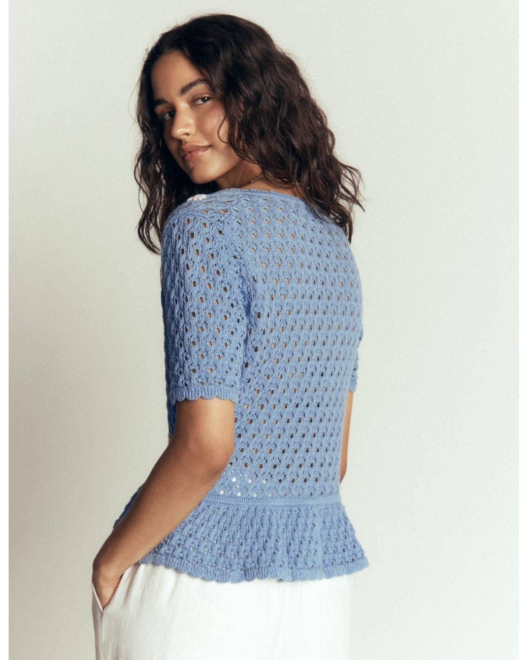 Boden Blue Embroidered Pointelle Cardigan
